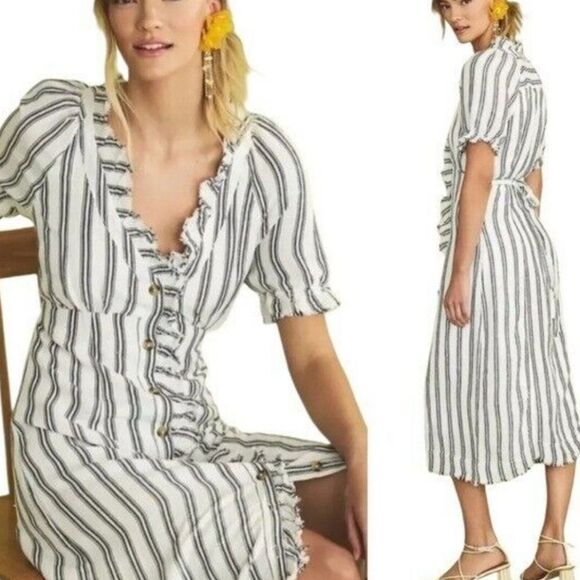 ANTHROPOLOGIE PILCRO Ruffle Gray White Linen Tie Back Midi Dress 0 XS S - Picture 1 of 5